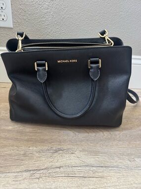 Michael Kors Black Saffiano Leather Satchel with Gold Accents